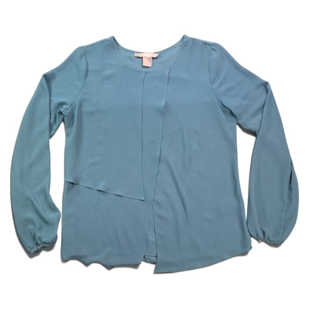 Love21 Teal Blue Long Sleeve Layered Overlay Asymmetric Blouse Women's Large